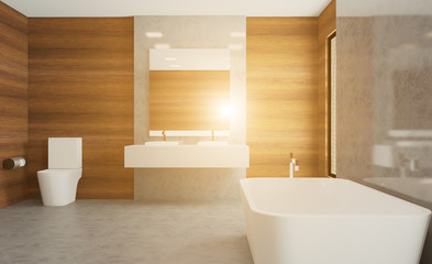 Fototapeta na wymiar Bathroom, wood, paneling, walls, modern, sink, marble, floor,. 3D rendering.. Sunset