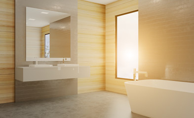 Fototapeta na wymiar Large modern loft style bathroom. marble tile. 3D rendering.. Sunset