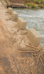 Flood plant debris scattered on the side of a low water bridge image in vertical format