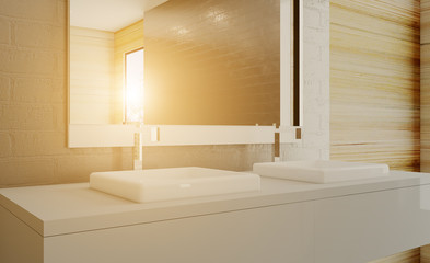 Large modern loft style bathroom. marble tile. 3D rendering.. Sunset