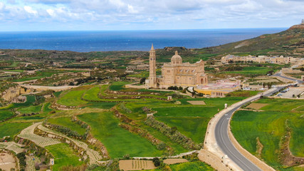 Fototapeta na wymiar Aerial view over Basilica Ta Pinu in Gozo - a national shrine - aerial photography