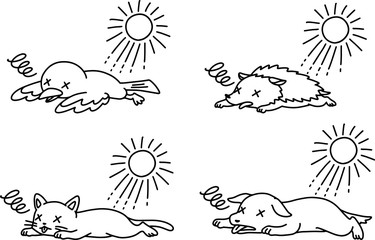 熱中症の動物のイラストセット(白黒)