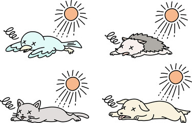 熱中症の動物のイラストセット(カラー)