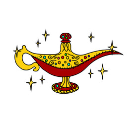 Magic lamp on a white background. Cartoon. Vector illustration.