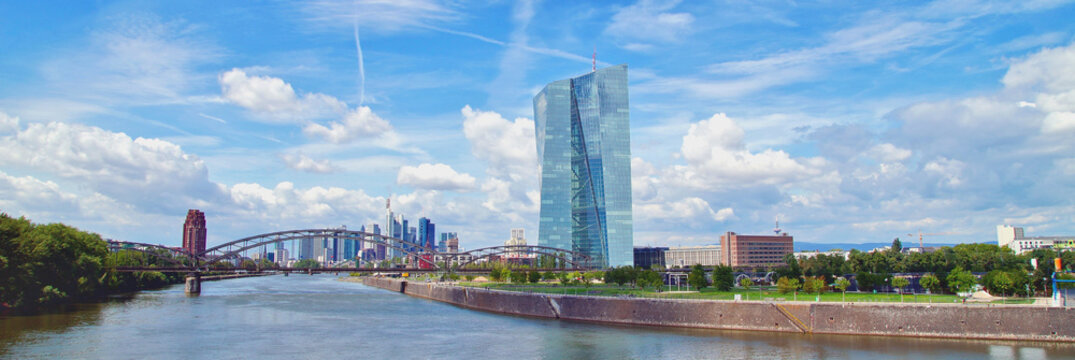 panoramic view of the river Main and ECB with the european city skyline ,financial centre of Frankfurt. Skyscraper buildings in Germany on blue sky background. Business and finance concept