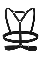 Subject shot of a black harness made of textile straps crossed as a triangle and with steel rings. The harness is isolated on the white background.  