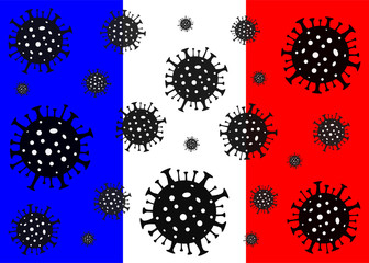 Coronavirus in France. Coronavirus danger. Novel coronavirus (2019-nCoV), Abstract virus strain model. Coronavirus on the background of the flag of France