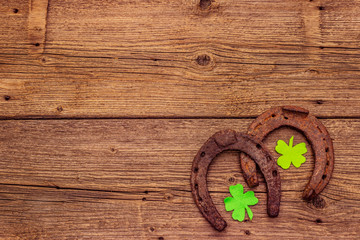 Two cast iron metal horse horseshoes, felt clove leaves. Good luck symbol, St.Patrick's Day concept
