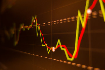 Stock market trading graph and candlestick chart on screen monitor for financial investment and economic concept.