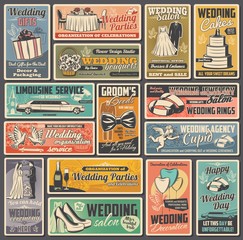 Wedding and marriage ceremony vintage vector posters. Bride and groom, rings, gifts and bouquets, love couple, hearts and bridal dress, cake, limousine car and church, Cupid, doves, flowers