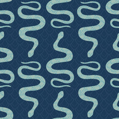 Vector Turquoise Blue Snakes on Blue Background Seamless Repeat Pattern. Background for textiles, cards, manufacturing, wallpapers, print, gift wrap and scrapbooking.