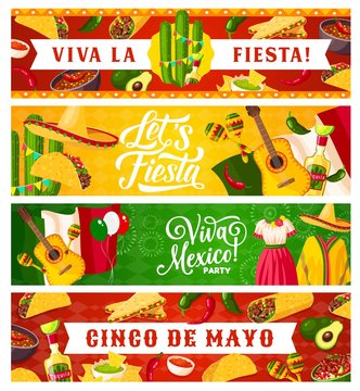 Cinco de Mayo and Viva Mexico vector Mexican holiday greeting banners. Sombrero hats, chilli peppers, maracas and cactuses, fiesta mariachi guitars, Mexico flag, nachos, tequila and tacos
