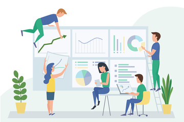 People work in a team with dashboard and interact with graphs. Data analysis design concept, workflow management, office situations. Vector illustration
