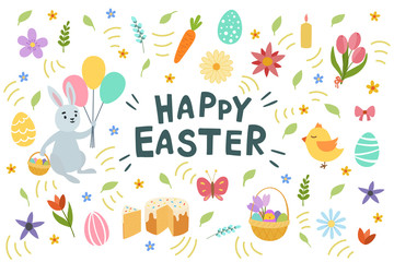 Obraz na płótnie Canvas Colorful happy Easter greeting card with letterin flowers eggs and rabbit elements composition. Isolated on white background. Vector hand draw illustration