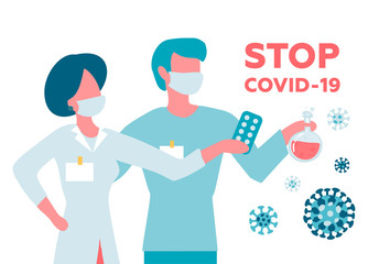 COVID-19 Wuhan Novel coronavirus 2019-nCoV, doctors woman and man with medical face mask. Concept of virus quarantine. Scientists with medicines for coronavirus in hands. Flat vector illustration.
