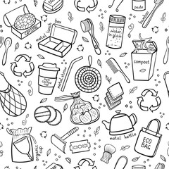 Seapless black and white pattern hand drawn elements of zero waste life. Eco style. No plastic. Go green. Vector illustration
