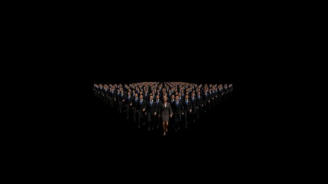 Businessmen with a businesswoman in front forming arrow shape pointing down, hd, Alpha Channel