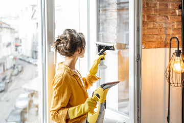 Woman washing windows with a special cleansing device at home. Concept of a professional...
