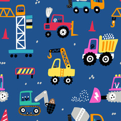 Childish seamless pattern with building equipment. Creative kids texture for fabric, wrapping, textile, wallpaper, apparel. Vector hand drawn illustration. Dark blue background. © bukhavets