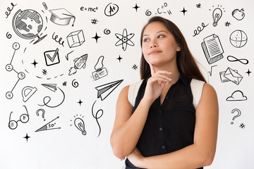Pensive young woman with backpack looking aside at hand drawn studying sketches. Thoughtful young female college student standing with finger on chin and looking away. Education concept