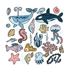 set of sea animal - seashells, fish, whale, seahorse,tuna, butterfly fish,killer whale, jellyfish, seaweed, anchor,coral, cockleshell. Outline hand drawn illustration with underwater creatures
