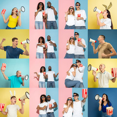 Collage of portraits of 11 young emotional people on multicolored background watching TV, cinema with popcorn. Concept of human emotions, facial expression, sales, ad. Couples, friends in 3D eyewear.