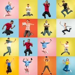 Collage of portraits of 9 emotional people using gadgets on multicolored background. Concept of human emotions, facial expression, sales, ad. Using tablet, smartphone, laptop, headphones in jump.