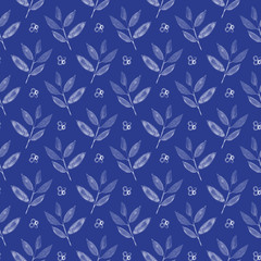 watercolor leaves and flowers seamless pattern on a blue background. floral