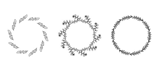 Set of -- frames with floral elements. Rustic. Hand drawn simple line. Black stroke.