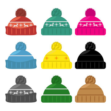 Set of warm hats. Vector knitted hats on a white isolated background.