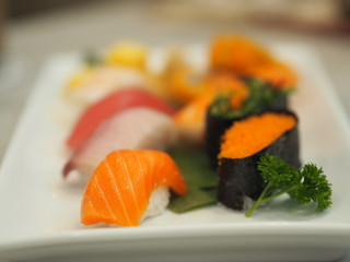 Salmon Rice,Shrimp with Sweet Sauce and top on Kimchi, Nigiri Sushi food sushi Japanese