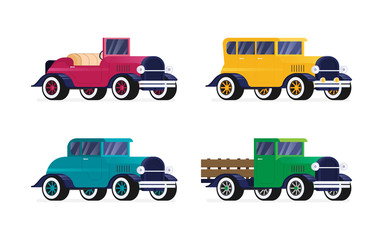 Flat vector retro car isolated on color background