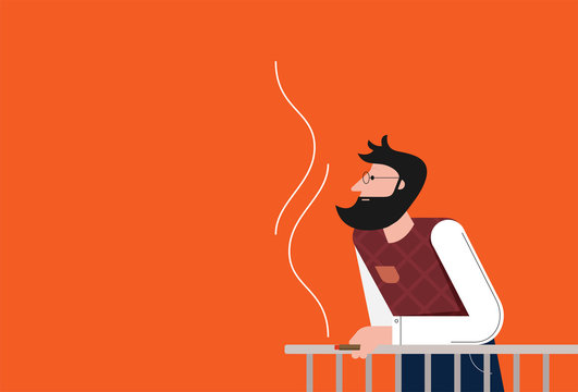 Flat Vector Cartoon Man Smoking Cigarette