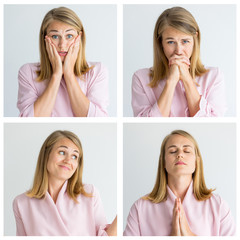 Blonde woman in pink portrait set with different gestures and facial expressions. Shocked, cheerful, calm lady studio shot collage. Multiscreen montage, split screen collage. Emotions concept