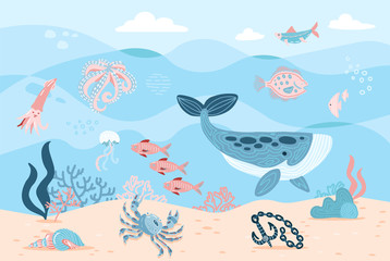 Sea inhabitants. Octopus, whale, fish, crab and algae. Marine life on sea bottom with ankor on sand. Hand drawn flat cartoon background. Underwather world. illustration of Undersea Landscape