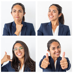 Young business lady portrait set with different gestures and facial expressions. Pensive, happy...
