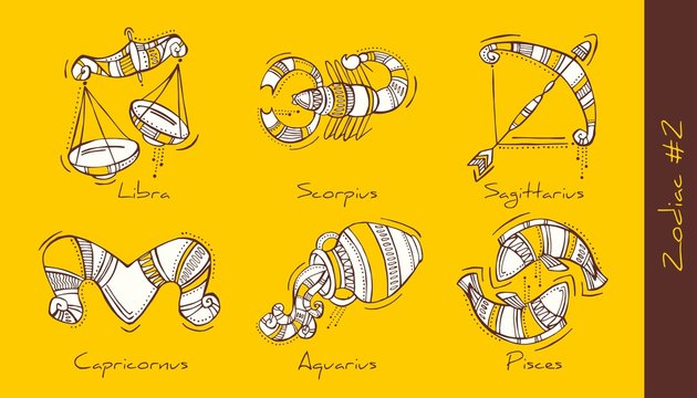 Set of vector graphic illustration of zodiac signs in boho style. Libra, Scorpio, Sagittarius, Capricorn, Aquarius, Pisces. Set 2