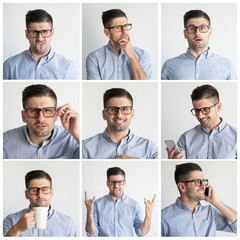 Young man in glasses portrait set with different hand gestures and facial expressions. Funny guy in...