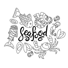 Set of doodles, hand drawn rough simple seafood theme sketches. set isolated on white background. Seafood brush lettering. Kid illustration for web design, textile prints, covers, posters, menu
