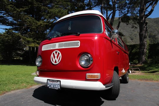BIG SUR, UNITED STATES - APRIL 7, 2014: Transporter T2 parked in Big Sur, California. The famous mini bus was manufactured for almost 64 years in 1949-2013.