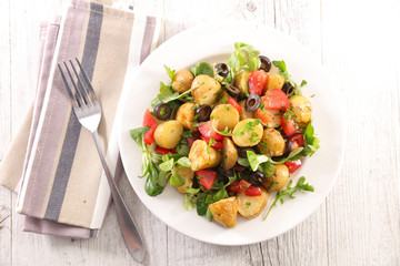 vegetable salad with potato, tomato, olive and lettuce