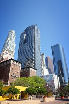 LOS ANGELES, USA - APRIL 5, 2014: People visit Pershing Square in Los Angeles. Los Angeles is the 2nd most populous city in the USA (3,792,621 people).