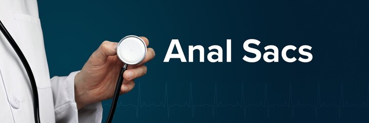 Anal Sacs. Doctor in smock holds stethoscope. The word Anal Sacs is next to it. Symbol of medicine,...