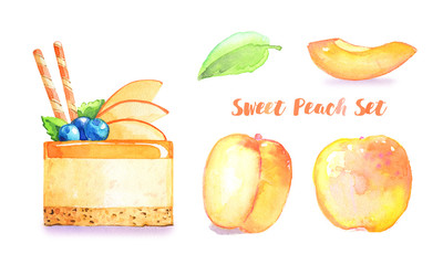 Cake peaches fruit baking blueberries orange jelly dessert appetizing postcard restaurant watercolor isolated