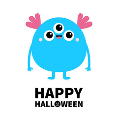 Happy Halloween. Blue monster with three eyes and pink ears. Funny Cute cartoon kawaii character. Baby collection. Flat design. Greeting card. Isolated. White background.