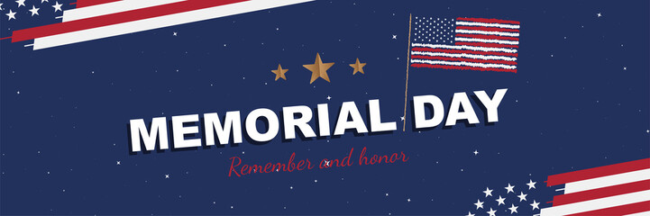 Happy Memorial Day. Greeting card with USA flag on background. National American holiday event. Flat vector illustration EPS10