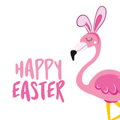 Happy Easter text with beautiful pink flamingo with easter bunny ears - Easter Day inspirational quote card, invitation. Love calligraphy background. Funny doodle and pun.