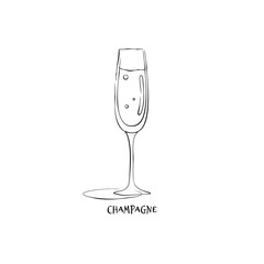Wineglass champagne. Drink element. Black white. Retro glass champagne hand draw, design for any purposes. Restaurant illustration. Simple sketch. Isolated on white background in engraving style
