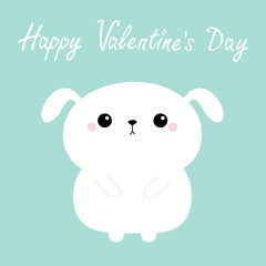 Happy Valentines Day. Dog puppy icon.Kawaii cartoon character. Cute funny head face. Pink cheeks. Baby greeting card template. Blue background. Flat design.