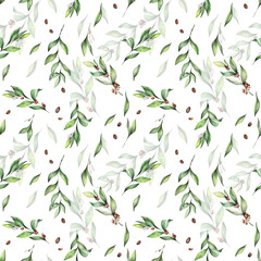 Watercolor botanical seamless pattern. Hand drawn coffee branches, leaves, coffee beans. Floral decorative elements on white background. For elegant textile fabric, wrapping paper, wallpaper.